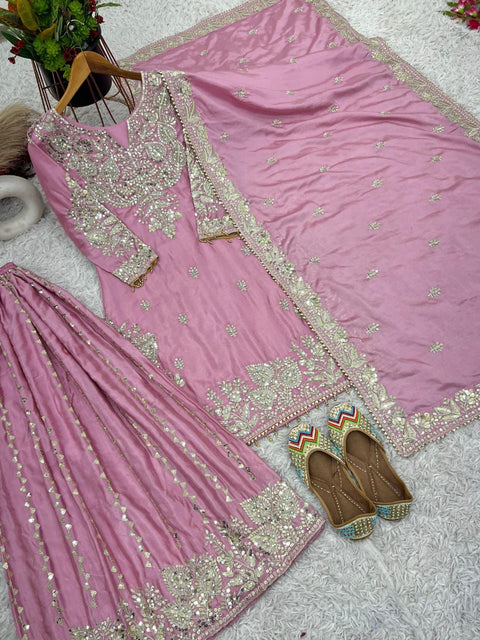 New Pure Heavy Chinnon Silk With  Heavy Embroidery moti Sequence Work With Full Embroidery Sleeve
