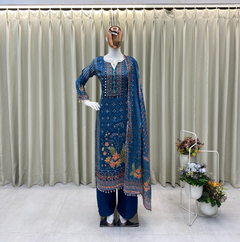 New DESIGNER WEAR PRINTED TOP WITH PANT PAIR IN REAL MIRROR AND DIAMOND WORK