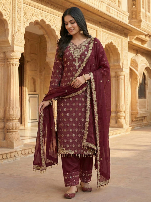 New Designer Collection In GMY SILK With Heavy Embroidery Sequence Work Top-Bottom And Dupatta Set