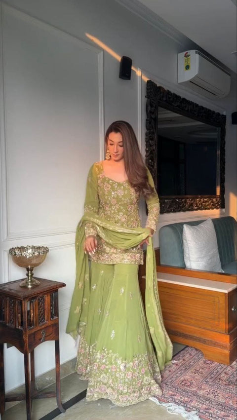 New Designer Collection In Pure Heavy Faux Georgette With Heavy Embroidery Sequence Work Top-Bottom And Dupatta Set Fully Stitched Ready To Wear