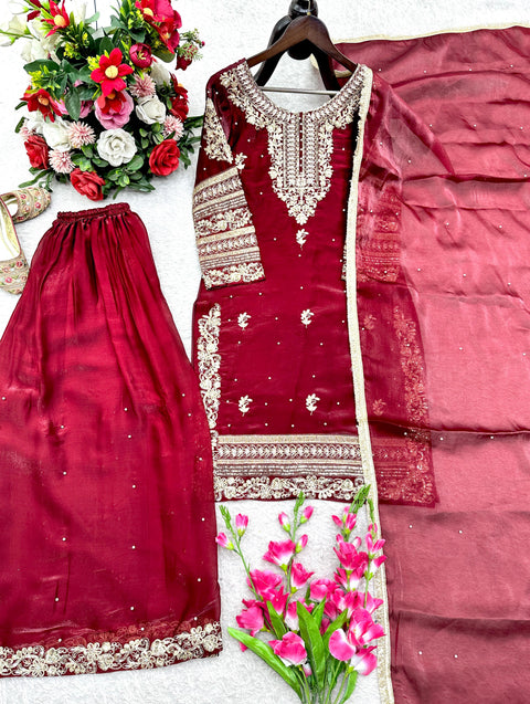 New Designer Party Wear Look Pur Gmy Silk Top Plazzo & Dupatta Set