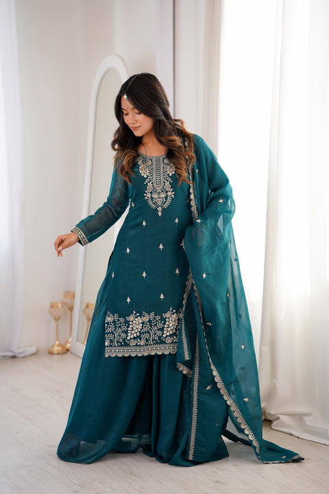 New Premium PURE SOFT CRUNCHY SILK FABRIC TOP,SHARARA WITH DUPATTA SET