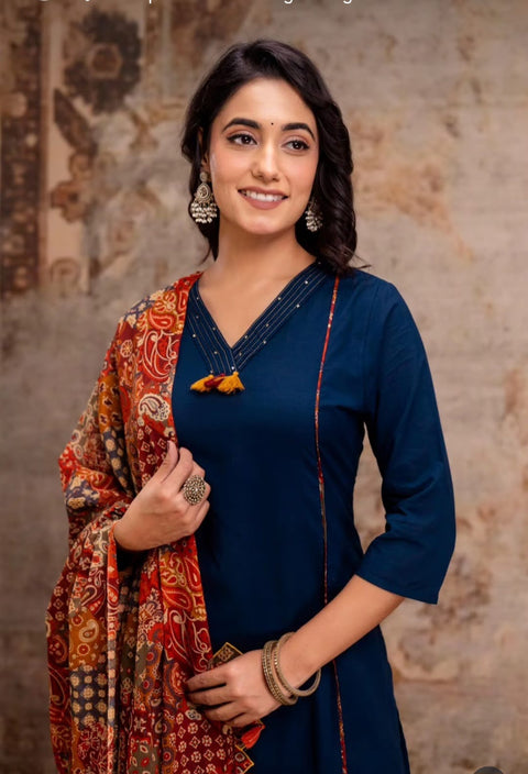 New launch 
Cotton Straight kurti with flair plazoo and dupatta sets