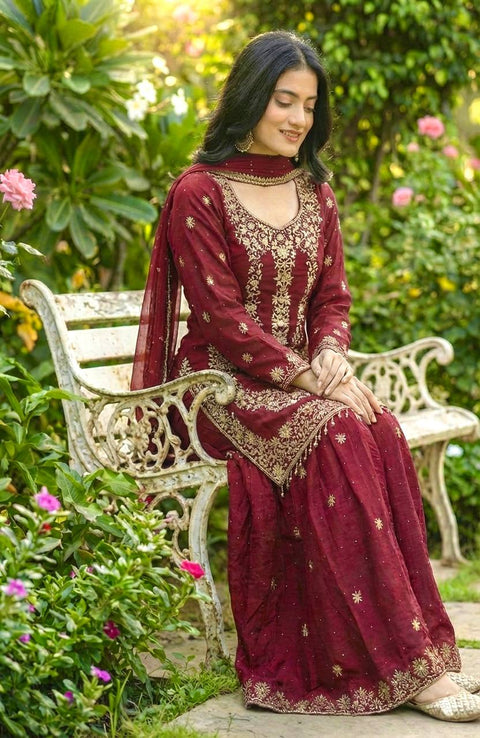 New Designer Collection In GMY SILK With Heavy Embroidery Sequence Work Top-Bottom And Dupatta Set