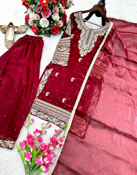 New Designer Party Wear Look Pur Gmy Silk Top Plazzo & Dupatta Set