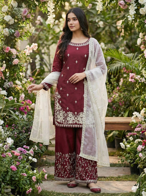 New Designer Collection In GMY SILK With Heavy Embroidery Sequence Work Top-Bottom And Dupatta Set Fully Stitched Ready To Wear