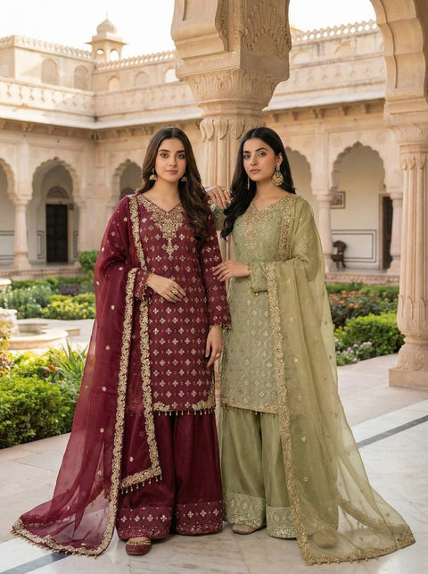 New Designer Collection In GMY SILK With Heavy Embroidery Sequence Work Top-Bottom And Dupatta Set