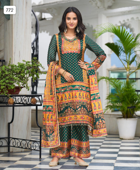 New Chinon Chiffon Pakistani Printed with handwork Pakistani Style Kurta With Palazzo & Printed Dupatta