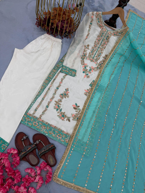 New  Designer Party Wear Look Pur Gmy Silk Top Plazzo & Dupatta Set