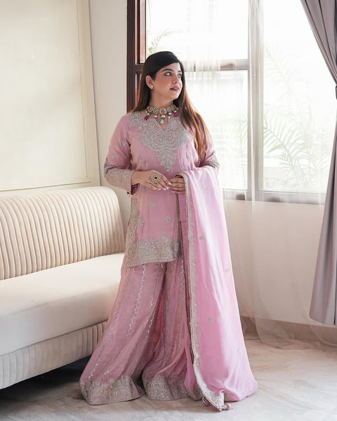 New Pure Heavy Chinnon Silk With  Heavy Embroidery moti Sequence Work With Full Embroidery Sleeve
