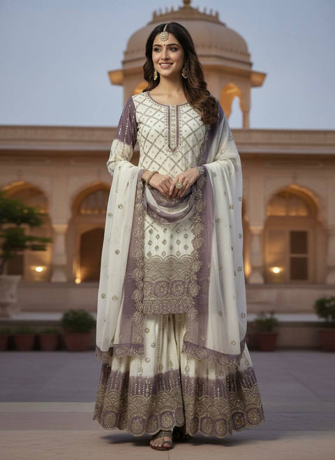 New  Designer Party Wear Look Pur Heavy Dual Tone Peding Star Georgette Top Plazzo & Dupatta Set