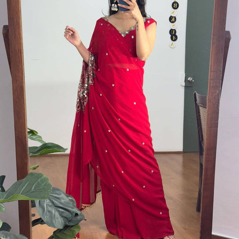New EXCLUSIVE 2 STYLES HAND WORKED, DRAPE SAREE ON FAUX GEORGETTE FABRIC WITH STITCHED BLOUSE