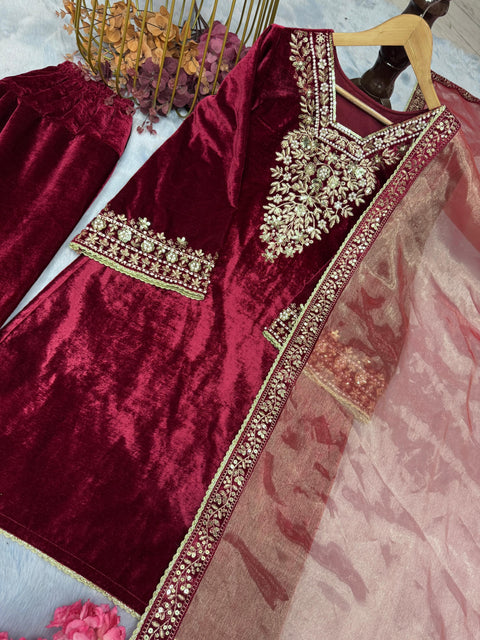 New Designer Party Wear Look Heavy Pure Viscose Velvet Top Bottom & Dupatta Set