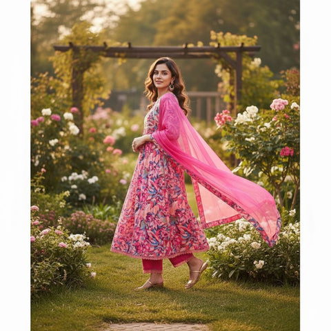 New Premium georgette print and full lining with pent and Nazneen dupatta Anarkali gown
