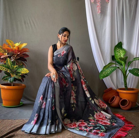 New Original Linen With Silver Jari Patta Digital Print saree