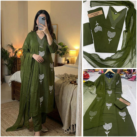 New beautiful ROMAN SILK FABRIC with Embroidery work in neck and front with inner dress