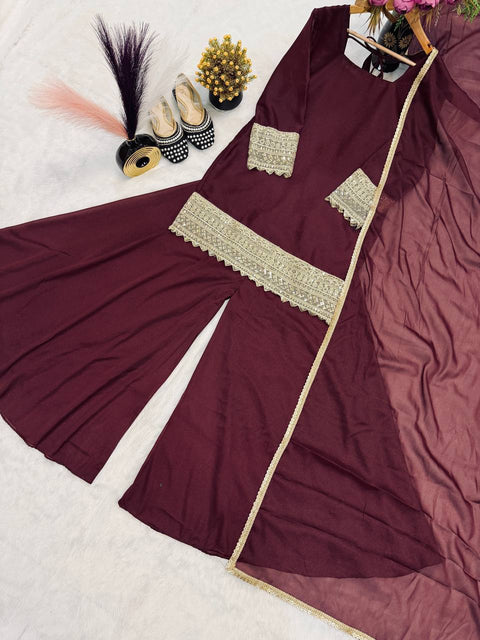 New Heavy Star Georgette With  Sequence and Coding*  Work With Full Sleeve With Latkan Dori Sarara Plazo