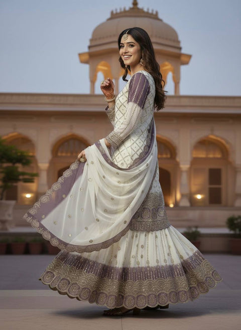 New  Designer Party Wear Look Pur Heavy Dual Tone Peding Star Georgette Top Plazzo & Dupatta Set