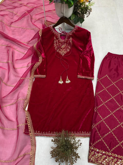 New VELVET DESIGNER WEAR KURTA PANT PAIR WITH EMBROIDERY WORK