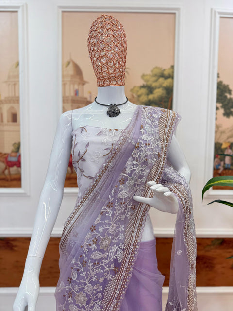NEW SUPERHIT SAREE ON NYLON NET FABRIC WITH HEAVY EMBROIDERY & CUT-WORK BORDER WITH UNSTITCHED BLOUSE