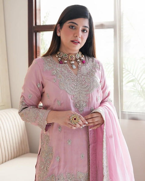 New Pure Heavy Chinnon Silk With  Heavy Embroidery moti Sequence Work With Full Embroidery Sleeve