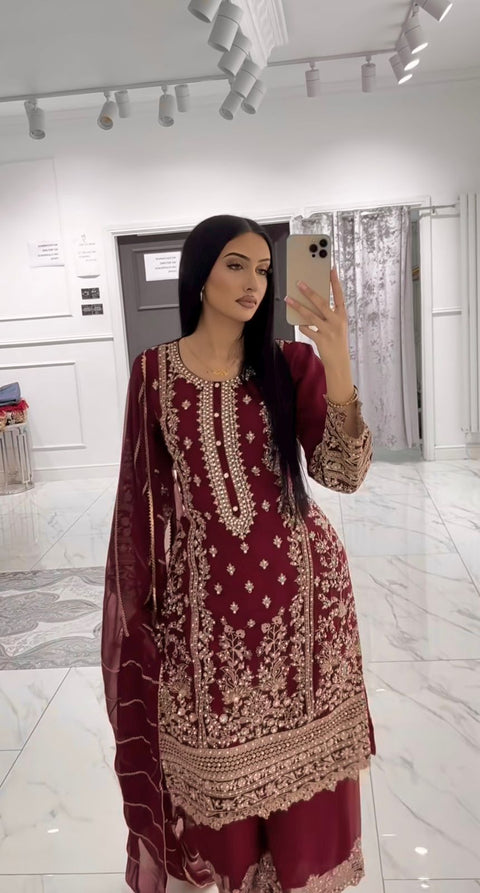 New PRESENTING 3 PIECE STYLISH KURTI, PLAZZO AND DUPATTA WITH BEAUTIFUL EMBROIDERY SEQUENCE WORK