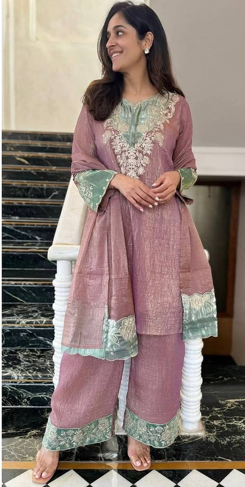 NEW DeSIGNER PARTY WEAR TOP AND PANT WITH FANCY DUPPATA AND EMBROIDERY WORK