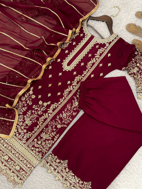 New PRESENTING 3 PIECE STYLISH KURTI, PLAZZO AND DUPATTA WITH BEAUTIFUL EMBROIDERY SEQUENCE WORK