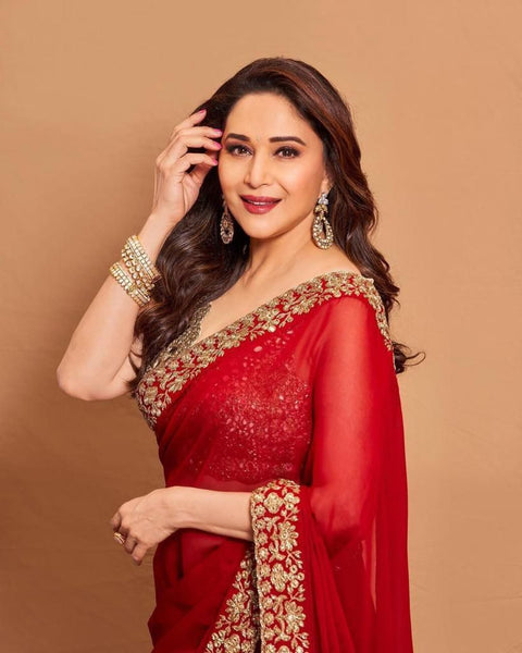 NEW RED HEAVY GEORGETTE FABRIC ON BEAUTIFUL EMBRODERY SEQUENCES AND ZARI THRED WORK ON LACE saree