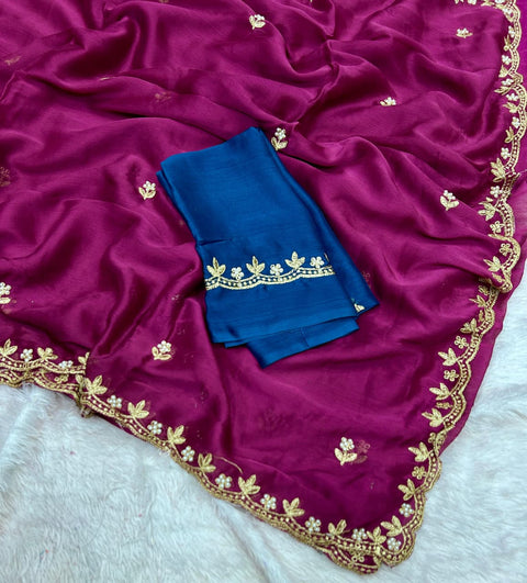 New Arrivals BestBeautiful Zari Embroidery Work With All Over Handwork With Cut Work Border Saree