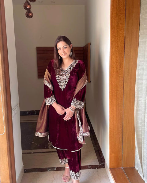 New Designer Party Wear Look Heavy Pure Viscose Velvet Top Bottom & Dupatta Set