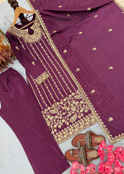 New Designer Party Wear Look Pur Chinon Silk Top Bottom & Dupatta Set