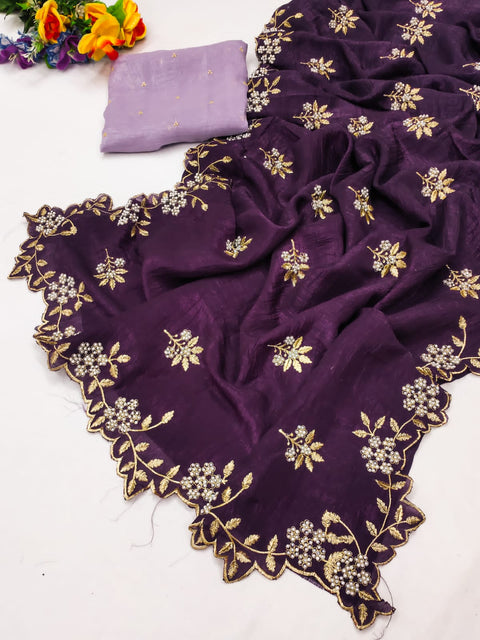 New Arrival Beautiful Embroidery& Moti Work Scalloped Cut work Border saree