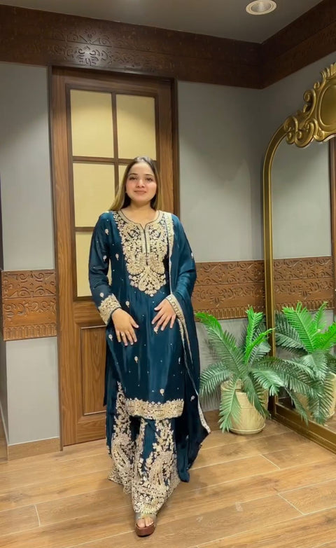NEW Launching Designer Party WearHeavy Chinon Silk Plazo with Dupatta