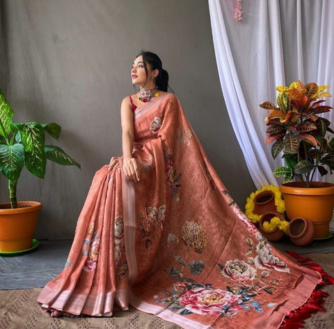 New Original Linen With Silver Jari Patta Digital Print saree