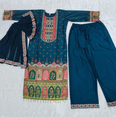 New DESIGNER WEAR JAYPURI TRENDING  TOP WITH PRINTED WORK WITH MIROR WORK WITH PLAZZO AND DUPATTA