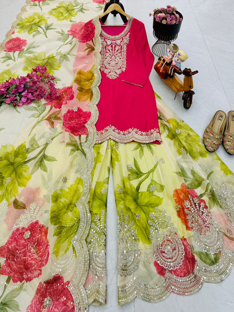 New Designer Party Top Pallazo & Dupatta Set
