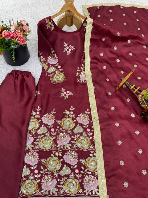 New Designer Collection In Pure Heavy  Organza poly silk With Heavy Embroidery Sequence Work Top-Bottom And Dupatta Set