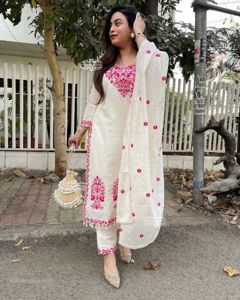 NEW DESIGN FESTIVAL SPECIAL PURE MUL CHANDERI FULL EMBROIDERY KURTI SET