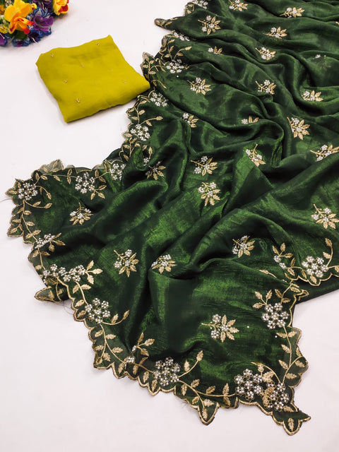 New Arrival Beautiful Embroidery& Moti Work Scalloped Cut work Border saree