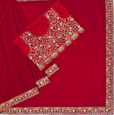 NEW RED HEAVY GEORGETTE FABRIC ON BEAUTIFUL EMBRODERY SEQUENCES AND ZARI THRED WORK ON LACE saree