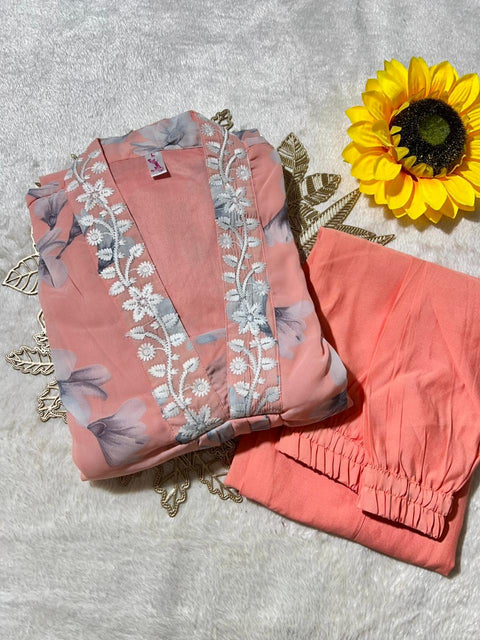New Premium Georgette Chikankari lace V Neck Kurti Pant Set