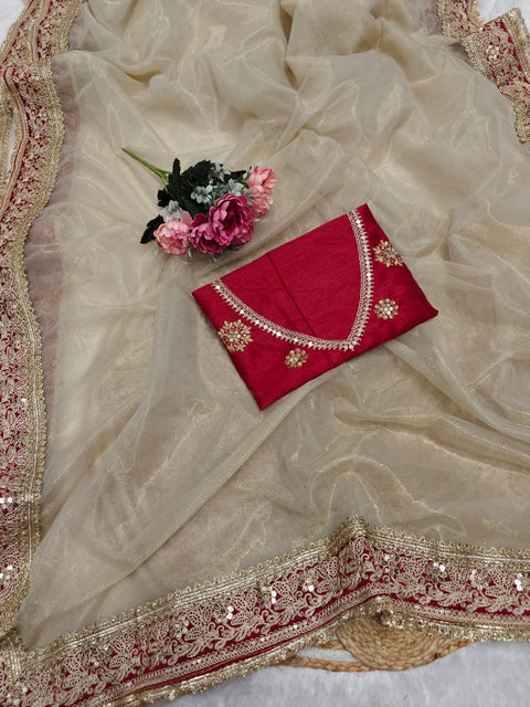 New Fancy Coding & Dual Sequence Soft Gold Twill Net saree