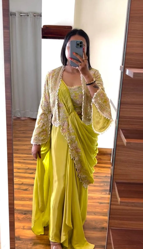NEW SUPERHIT TRENDING READY TO WEAR SAREE WITH FULLY EMBROIDERED KOTI ON  CHINON FABRIC WITH STITCH BLOUSE