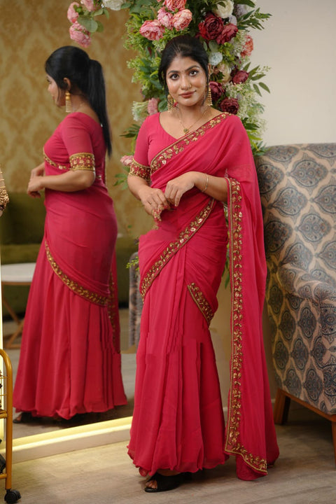 New Beautiful Super Hit Georgette Embroidery Gown Saree