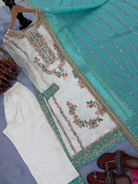 New  Designer Party Wear Look Pur Gmy Silk Top Plazzo & Dupatta Set