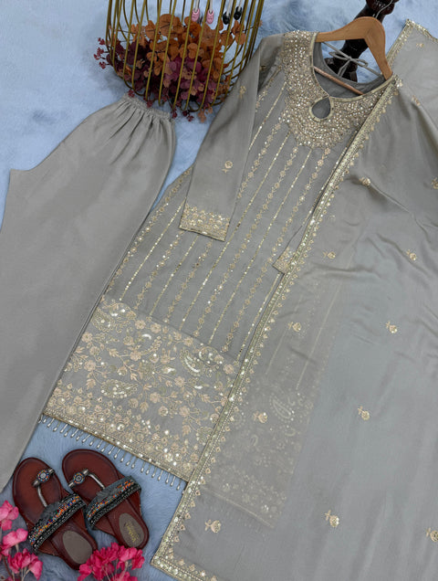 New Designer Party Wear Look Pur Chinon Silk Top Bottom & Dupatta Set