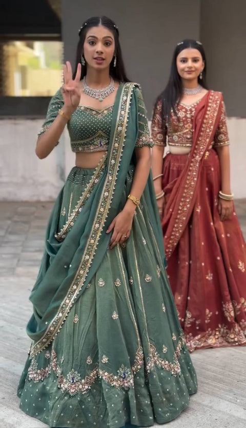 New Chinon fabric Embroidery Thread and Sequence Work Lehenga Choli