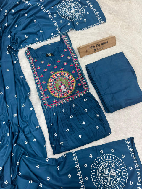 New Pure Printed Rayon cotton with Embroidery work in neck and Sleeves and beautiful Nayraa cut