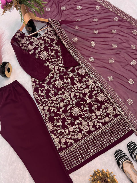 New FAUX GEORGETTE SEQUENCE EMBROIDERED WORK TOP AND PENT WITH DUPATTA